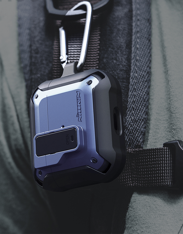 Nillkin Bounce anti-shock case with hook for AirPods Pro, protective cover in black with textured surface and keyring attachment.