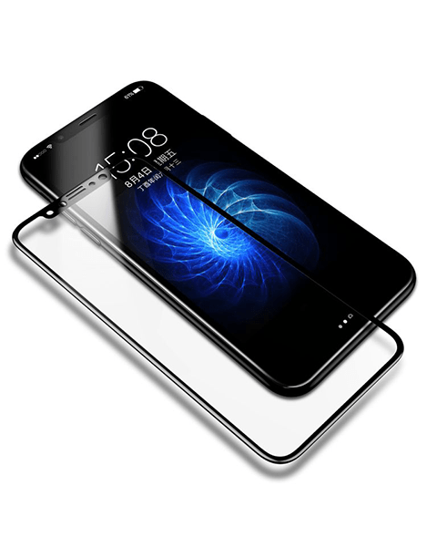 Black Baseus Arc-surface anti-peeping tempered glass screen protector for iPhone X, showing privacy feature and sleek design.