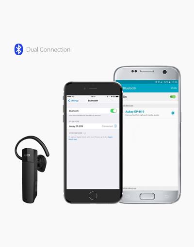 Black Aukey EP-B19 Bluetooth earphones from Smartkoshk, compatible with iPhone and Android, with 4-hour battery life.
