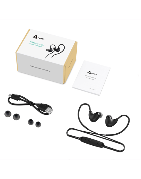 Black Aukey EP-B16 Arcs Bluetooth Sport Earbuds with comfort fit and sweat resistance, shown in a close-up view.