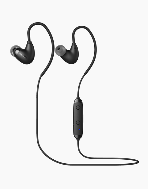 Aukey EP-B16 Arcs Bluetooth sport earbuds in black with comfort fit design, sweat-resistant for active use.