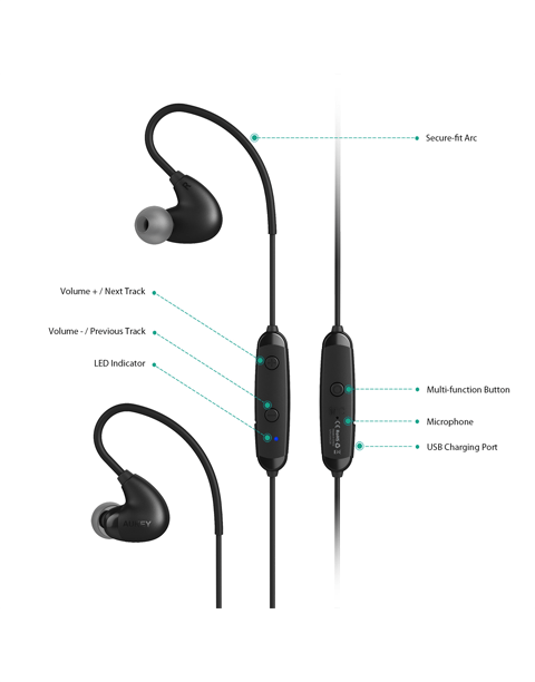 Smartkoshk Aukey EP-B16 Arcs Bluetooth Sport Earbuds with sweat-resistant black design and comfortable fit.