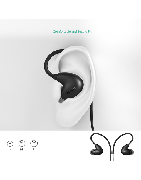 Black Aukey EP-B16 Arcs Bluetooth Sport Earbuds with comfort fit and sweat resistance, designed for active use.