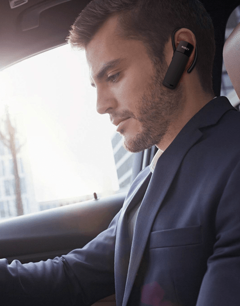 Black Aukey EP-B19 Bluetooth earphones by Smartkoshk, wireless earbuds compatible with iPhone and Android, 4-hour battery life.