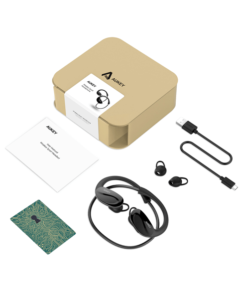 Aukey EP-B34 wireless fitness headphones in black, wrap-around design, sweat-resistant for active use.