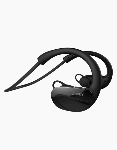 Aukey EP-B34 wrap around wireless fitness headphones in black, showcasing sweat-resistant design and comfortable fit.