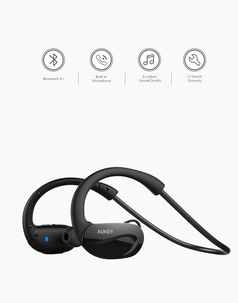 Black Aukey EP-B34 wrap around wireless fitness headphones, sweat resistant design for active use.