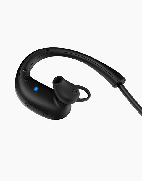 Aukey EP-B34 wrap around wireless fitness headphones in black, featuring a sweat-resistant design for active use.