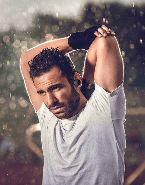 Black Aukey EP-B34 wrap around wireless fitness headphones, sweat-resistant design for active use.