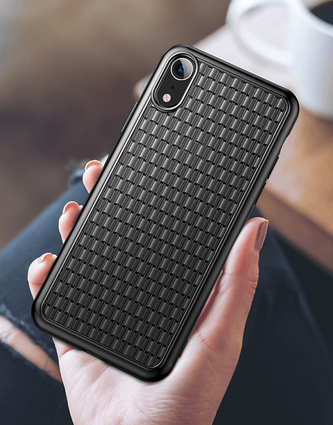 Black BV 2nd Generation Baseus slim flexible iPhone XR case shown on a white background, highlighting its sleek design.