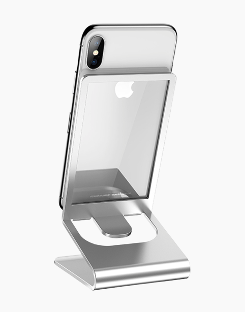 Baseus silver aluminum desktop bracket with glass back, designed for stability and style in modern workspaces.