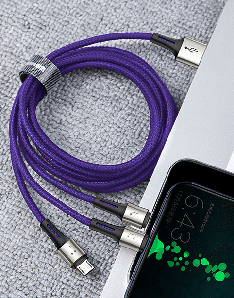 Baseus Caring Nylon Anti cut Cable 1-in-3 ( iPhone - Type C - Micro ) Purple