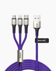 Smartkoshk Caring 3-in-1 nylon cable with micro, iPhone, and Type-C connectors, zinc alloy heads, and cut-resistant nylon design.