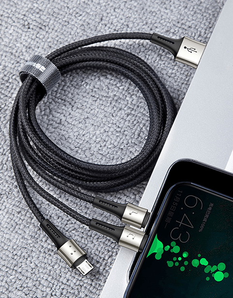 Baseus Caring Nylon Anti cut Cable 1-in-3 ( iPhone – Type C – Micro ) Black