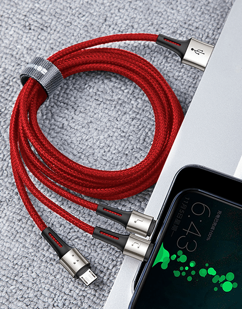 Baseus Caring Nylon Anti cut Cable 1-in-3 ( iPhone – Type C – Micro ) Red