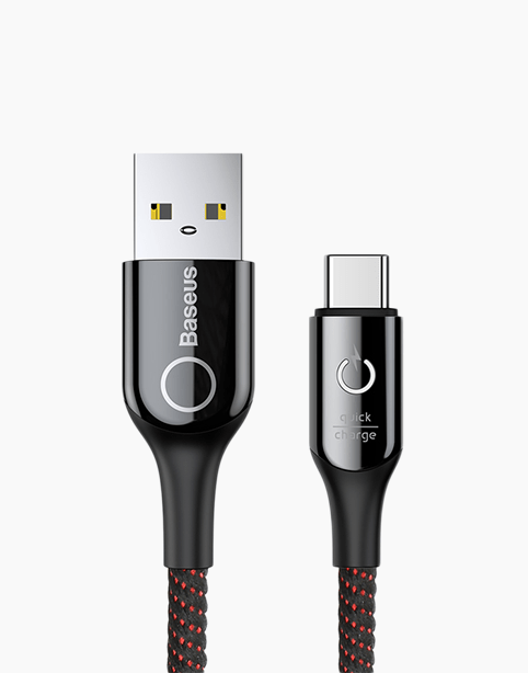 Black Baseus C-shaped smart Type-C cable with LED indicator, stops charging automatically when full, designed for efficient charging.