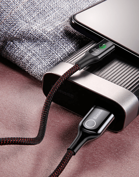 Black C-shaped Baseus Type-C smart charging cable with automatic stop at full charge, designed by Smartkoshk.
