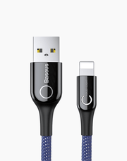 Blue C-shaped Baseus smart iPhone charging cable with automatic stop feature, shown coiled with illuminated design.