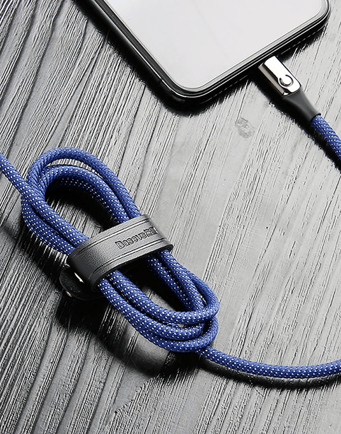 Blue C-shaped Baseus smart iPhone cable with automatic power-off feature, visible in the image.