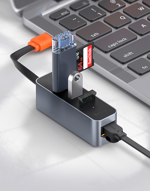 Baseus Steel Cannon Series USB A to USB3.0*3+RJ45 HUB Adapter Gray