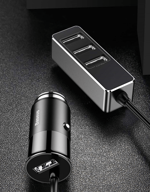 Baseus Enjoy Together 4 USB Patulous Car Charger in black with four ports and a 5.5A output for fast charging.