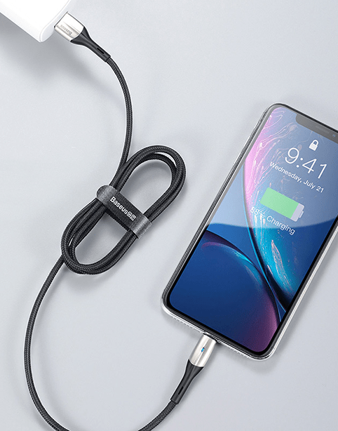 Black Horizontal Baseus nylon data cable with LED lighting, cut-resistant design, and durable construction for reliable charging and data transfer.