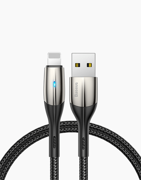 Black Horizontal Baseus data cable from Smartkoshk, nylon-made, cut-resistant, and illuminated for durable charging and data transfer.