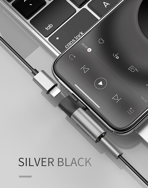 Baseus L43 iPhone Lightning to 3.5mm audio jack converter in silver, showing compact design with USB-C and audio port.
