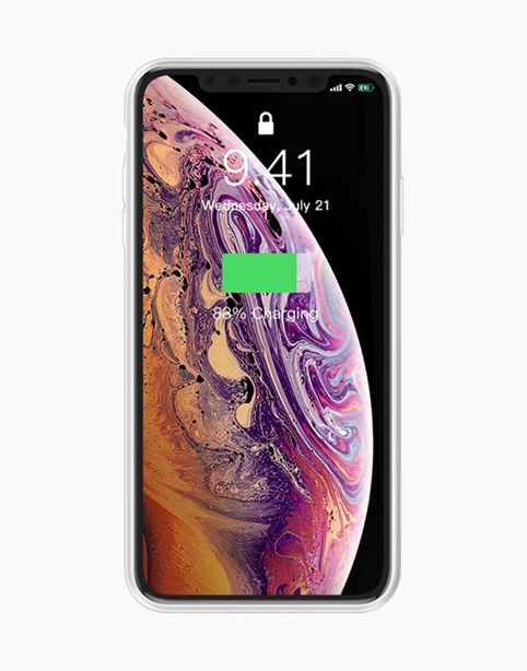 Baseus Liquid Silicone Smart Power Case for iPhone Xs Max 6.5-inch in white, showing the sleek silicone exterior and design.