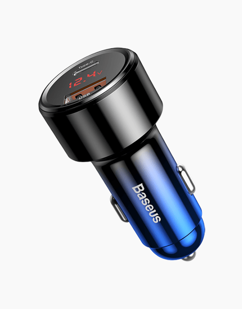 Magic PPS شاحن سيارة ميتال بشاشة ديجيتال 45W بمخرجين USB + PD ازرق تدريجى