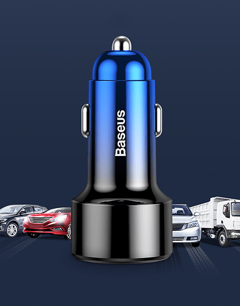 Magic PPS شاحن سيارة ميتال بشاشة ديجيتال 45W بمخرجين USB + PD ازرق تدريجى