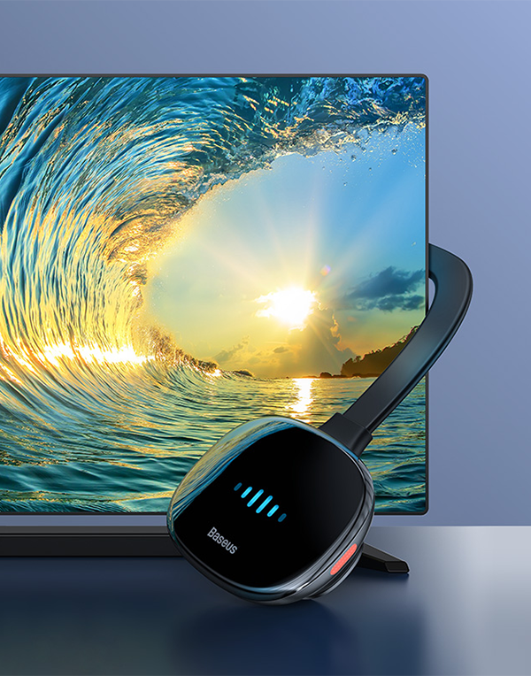 Black Baseus Meteorite Shimmer wireless display adapter with sleek design and compact size, ideal for screen mirroring and streaming.