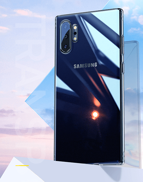 Transparent TPU case for Samsung Galaxy Note 10+ from Baseus Simple Series, showing its slim, anti-fall design and clear material.