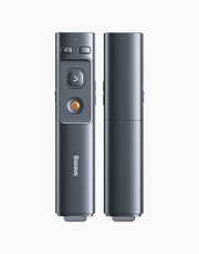 Baseus Orange Dot wireless presenter with red laser pointer and grey body, used for slide control during presentations.
