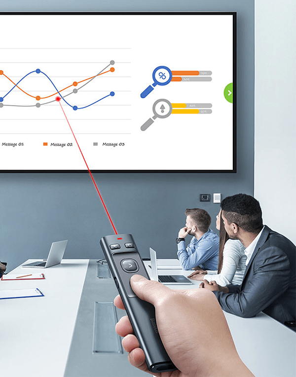 Baseus Orange Dot wireless presenter with red laser pointer and grey body for controlling slides during presentations