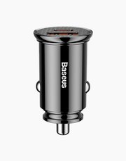 Circular Baseus car charger with dual USB ports and Type C PD, plastic design, for quick charging in vehicles.