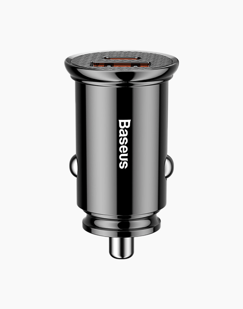 Circular Baseus car charger with dual USB ports and Type C PD, plastic design, for quick charging in vehicles.