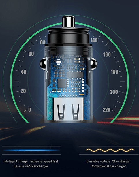 Circular Baseus car charger with dual USB and Type C PD port, compact plastic design for fast charging in vehicles.