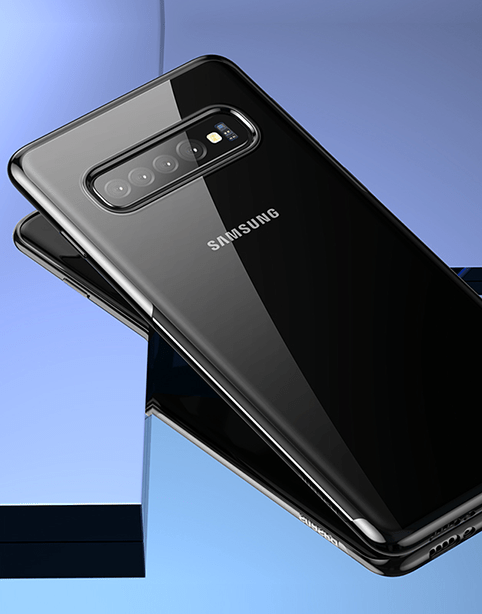 Transparent flexible case for Samsung Galaxy S10 by Baseus, slim and shiny with black edges, showing a sleek protective design.