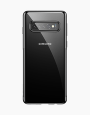 Transparent flexible case for Samsung Galaxy S10 by Baseus, slim and shiny with black accents, showing the clear design and textured surface.