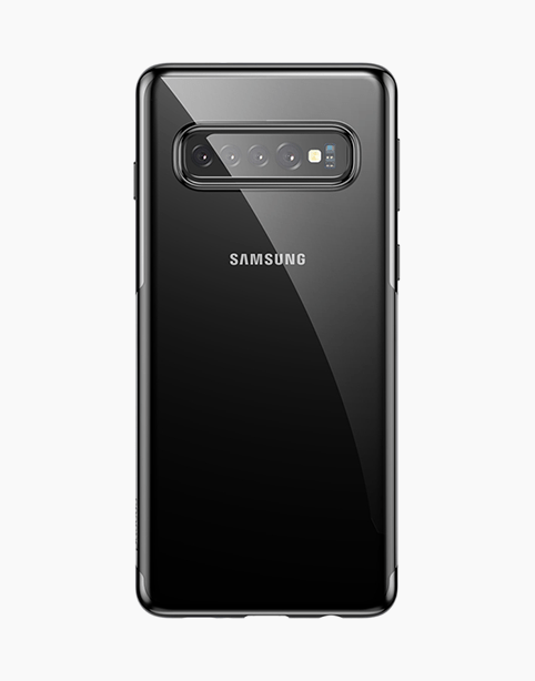 Transparent flexible case for Samsung Galaxy S10 by Baseus, slim and shiny with black accents, showing the clear design and textured surface.