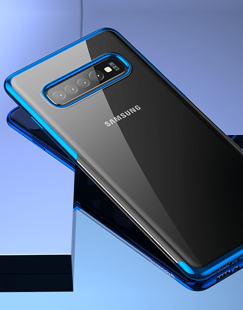 Transparent flexible case for Samsung Galaxy S10 in blue by Baseus, with shiny finish and slim design.
