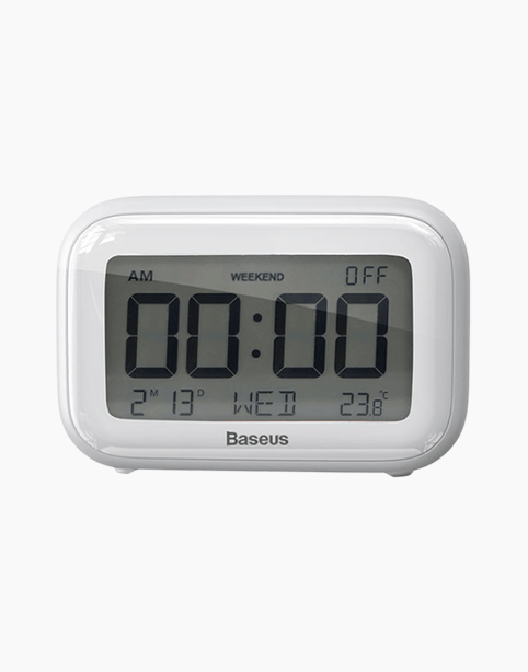 Smartkoshk Subai Baseus smart alarm clock with LCD display showing time, date, and temperature in a sleek design.