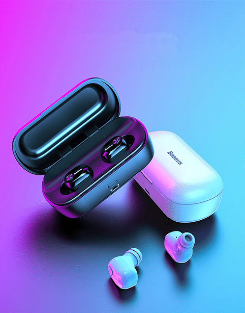 Baseus W01 TWS 3D stereo wireless earbuds in white with IPX5 waterproof rating and Bluetooth v5.0, shown in the image