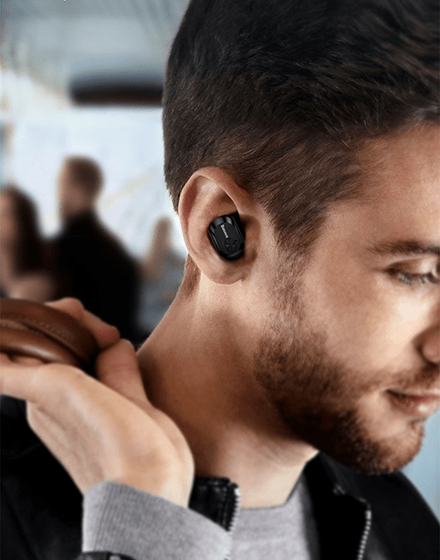 Baseus W01 TWS Bluetooth 5.0 earphones with sweat resistance and 6-7 hours playback, featuring a black 2000mAh external case.