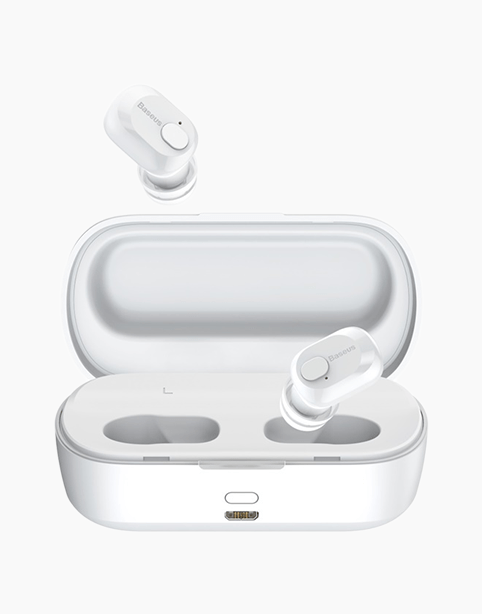 Baseus W01 TWS 3D stereo wireless earbuds in white with IPX5 waterproof rating and Bluetooth 5.0, shown in a close-up image
