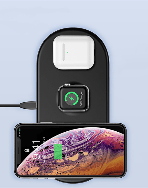 Baseus Smart 3-in-1 wireless charger in black for iPhone, Apple Watch, and AirPods, featuring a sleek, compact design.