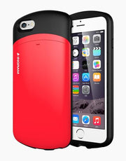 Red capsule-shaped card holder for iPhone 6+ by Smartkoshk, designed to securely hold cards inside a sleek, compact case.