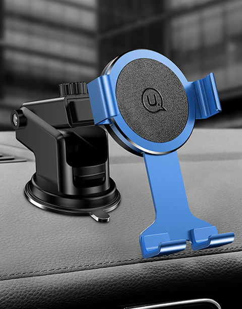 Blue USAMS car phone holder with 360-degree dashboard rotation and sucker mount, compatible with smartphones, by Smartkoshk.