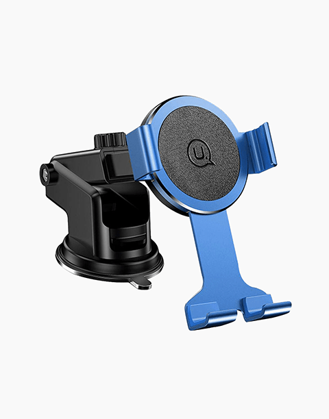 Blue USAMS Smartkoshk dashboard car phone holder with 360-degree rotation and suction cup mount for secure vehicle use.